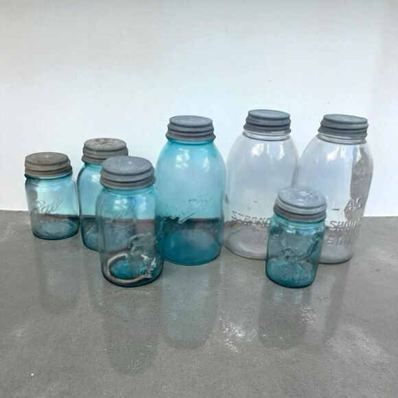 Lot of 7 Antique Ball & Atlas Mason Jars with Zinc Lids - Picture 1 of 6